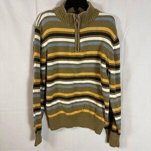 GYMBOREE Boys Long Sleeve Quarter Zip Striped Cotton Sweater Khaki & Blue M-7-8